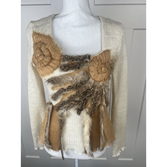 Radzoli Vtg 80's Sweater Wool Blend Gold Lurex Genuine Fur Art To Wear Sz S - Picture 5 of 11
